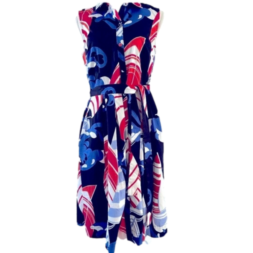 SET SAIL Crisp Belted & Collared Dress Size 8 Red White Blue Sail Boat Design